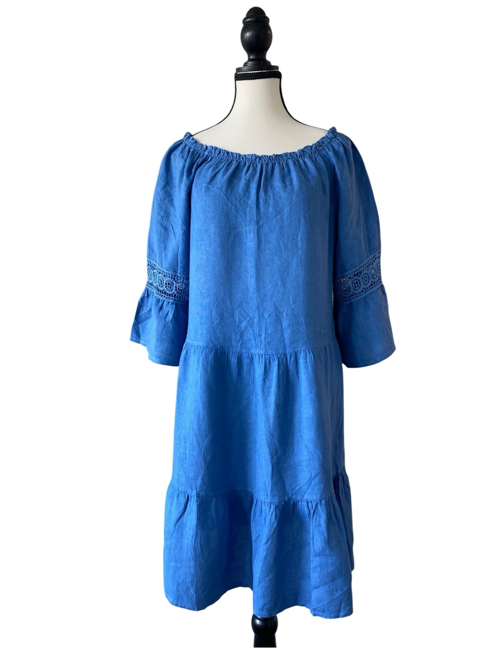 100% Linen Tiered Midi Dress with Cotton Lace Trim Size M summer resort